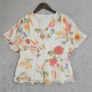 Ellison Women's M Floral Blouse V-neck Short Flutter Sleeves   29PT